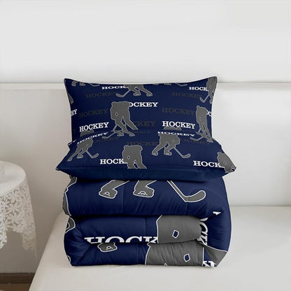 Hockey Players Comforter Set Full Size, Kids Bedding Set,Competitive Games Teamwork Quilt Comforter,Dark Blue Gray Duvet Insert,2 Pillowcases