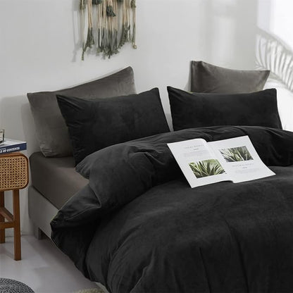 Pureant Black Velvet Comforter Sets California King Solid Black Fluffy Bedding Comforters Cal King Plain Dark Color Flannel Quilt Modern Minimalist Blanket Micromink Sherpa Plush Bed