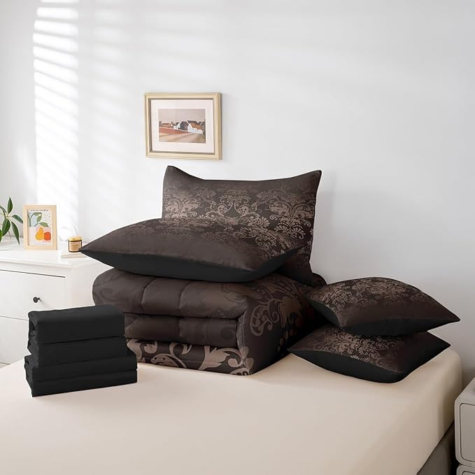 Erosebridal Gothic Damask Comforter Set 7 Piece Bed in a Bag Twin,Exotic Moth Bedding Sets Black Brown Victorian Floral Goth Sheet Set with Comforter