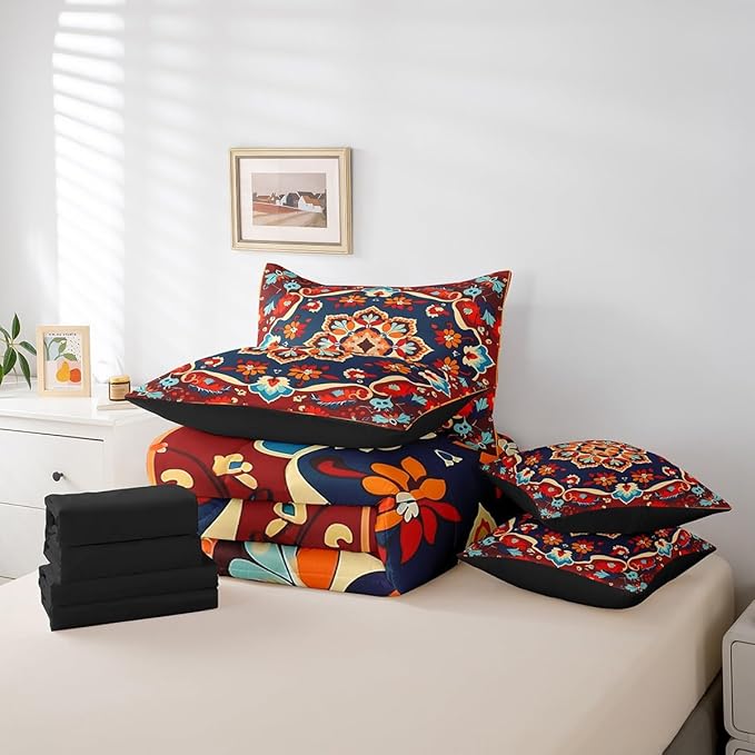 Erosebridal Oriental Bed in a Bag 7pcs Vintage Bedding Set, Art Deco Floral Twin Size Comforter Set Boho Tribal Bedding Comforter Sets Traditional Aesthetic Bed Set, Hippie Paisley Mandala Decor Red
