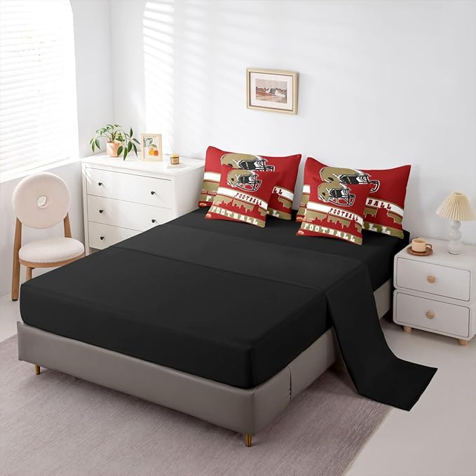 Erosebridal Football 7 Pcs Comforter Set King Football Fans Bedding for Boys Girls Football City Sheet Set Bed in A Bag Red Rugby Competition Room Decor Sports Ball Game Quilt