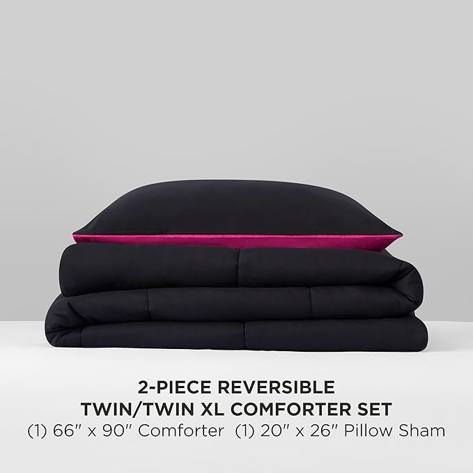 Reversible Box Stitch Comforter Set, 2-Piece Twin/Twin XL – Hot Pink/Black – Stylish Bedding Set