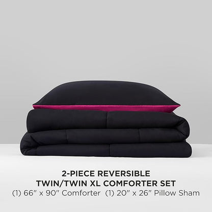 Reversible Box Stitch Comforter Set, 2-Piece Twin/Twin XL – Hot Pink/Black – Stylish Bedding Set