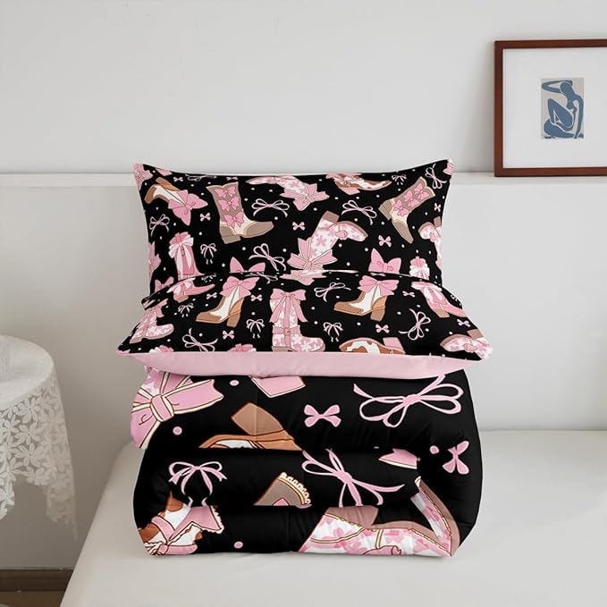 Feelyou Black Pink Western Bedding Set Cowgirl Cowboy Boots Comforter Set for Kids Boys Girls Teens Room Decor Cute Bowknot Dreamy Princess Style Comforter Full Size Girly Duvet Set 3Pcs