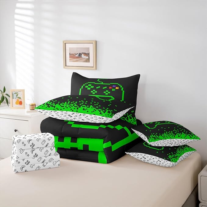 Castle Fairy Video Games 7 Piece Comforter & Sheet Sets Queen Size,Miner Pixel Games Bedding Set Neon Green Block Building Bed in a Bag Modern Black Flat & Fitted Sheets,4 Pillow Covers