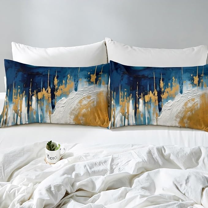 Erosebridal Navy Blue White Gold Comforter Twin Brush Strokes Oil Painting Bedding Set, Gradient Abstract Down Comforter Ombre Graffiti Bed Set, Contemporary Modern Quilted Duvet
