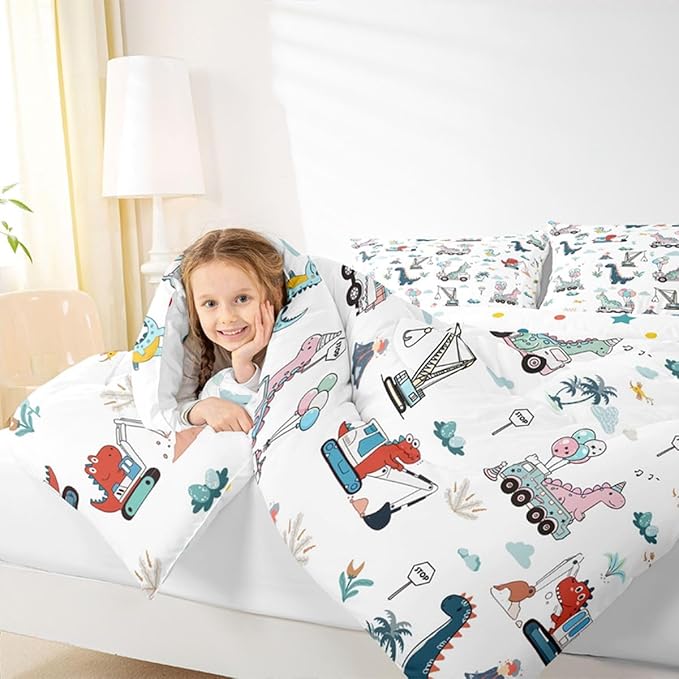 Cartoon Dino Excavator Comforter Set Twin Size, Cartoon Car Dinosaur Construction Comforter Set Kids toddler Construction Vehicles Comforter Construction Site Cars Duvet Set Microfiber Quilt Set