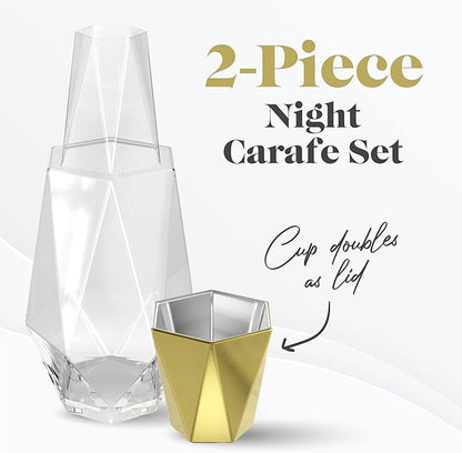 American Atelier 37 oz Fifth Avenue Modern Geometric Bedside Water Carafe with Tumbler Lid – 9" Glass Pitcher with Gold Accent for Nightstand, Guest Room & Office Drinkware (Gold)
