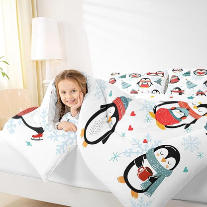 Christmas Tree 3 Pcs Queen Size Comforter Set,Winter Snowflake Happy Xmas Theme Down Alternative Adults Room Decor,Cartoon Penguin Ultra Soft Microfiber Inner Fill 3Pcs Bedding