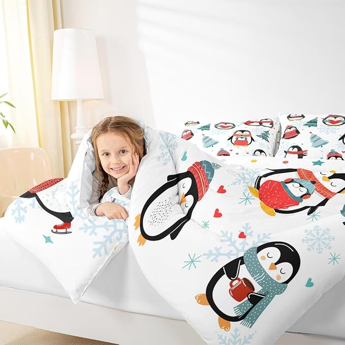 Castle Fairy Winter Snowflake Happy Xmas Theme Comforter Set with 2 Pillowcases,Christmas Tree Super Soft Microfiber Bedding Set for Adults Teens,Cartoon Penguin Duvet Set for Room Decor,King