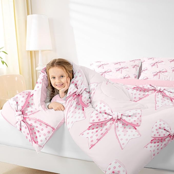 Erosebridal Girls Pink Bow Bedding Set Cute Dot Bowknot Comforter Set King Size for Kids Teen Women,Dreamy Princess Style Bedding Comforter Set Kawaii Cartoon Butterfly Knot Quilt 2 Pillow Cases