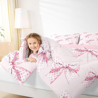 Erosebridal Girls Pink Bow Bedding Set Cute Dot Bowknot Comforter Set King Size for Kids Teen Women,Dreamy Princess Style Bedding Comforter Set Kawaii Cartoon Butterfly Knot Quilt 2 Pillow Cases
