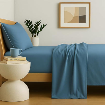 Peru Pima 415 Thread Count Percal King Sheet Set - 100% Peruvian Pima Cotton, 4 Piece (Flat, Fitted, 2 Pillowcases) - Cooling, Crisp, Deep Pocket, Hotel Quality Bedding - Light Denim