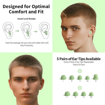 Ear Plugs for Sleeping Earplugs for Concerts Noise Cancelling Reusable Soft Silicone Noise Reduction Earbuds for Travel, Focus, Work 33-45dB Hearing Protection with 9 Ear Tips & Case (Green)