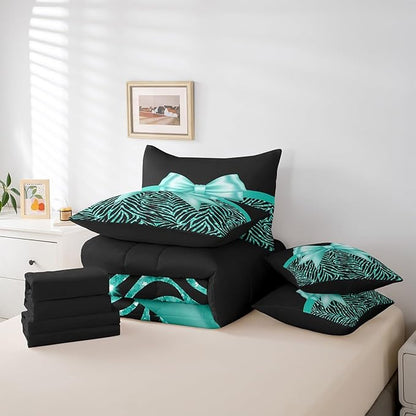 Feelyou Teal Bowknot 7 Piece Bedding Set Full Size Glitter Print Comforter Set with Sheets for Kids Girls Adult Cute Bowknot Bed in a Bag Black Silver Bed Set