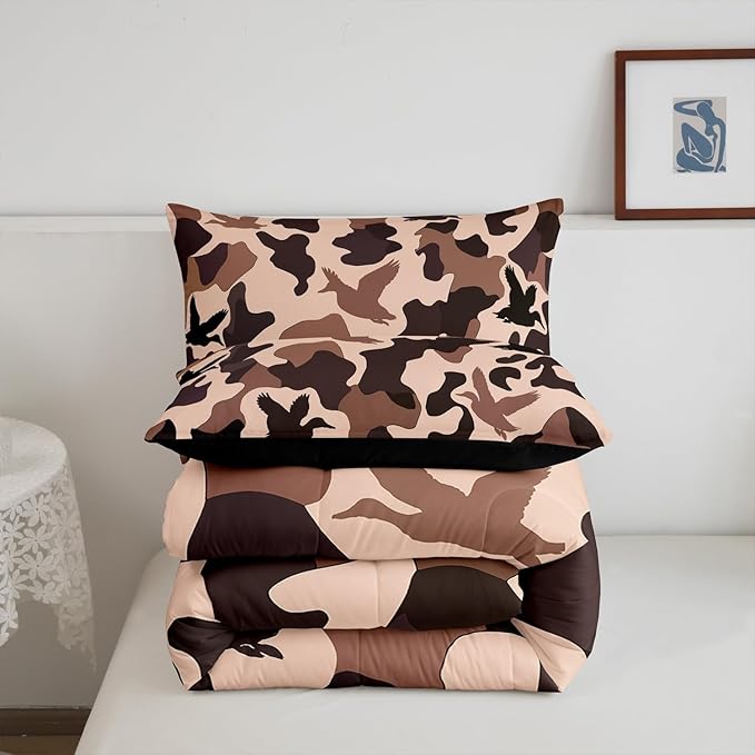 Erosebridal Camo Comforter Set Twin Size Duck Hunter Bedding for Kids Girls Army Camouflage Hunting Bedding Comforter Sets Vintage Pink Brown Room Decor Wild Animal Duck Farmhouse Duvet Insert