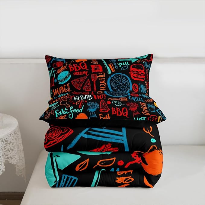 Castle Fairy Colorful Hand Drawn Line Art 3 Pcs King Size Comforter Set,Delicious Food Down Alternative Adults Bedroom Decor,Barbecue Theme Ultra Soft Microfiber Inner Fill 3Pcs Bedding
