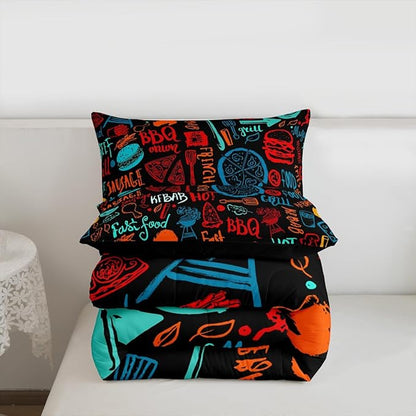 Castle Fairy Colorful Hand Drawn Line Art 3 Pcs King Size Comforter Set,Delicious Food Down Alternative Adults Bedroom Decor,Barbecue Theme Ultra Soft Microfiber Inner Fill 3Pcs Bedding