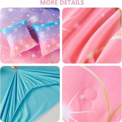 PERFEMET Queen Size Girls Comforter Set with Sheets 6 Pieces Mermaid Tail Print Kids Bedding Set Colorful Rainbow Teen Girl Bed in A Bag Pink Purple Ombre Bed Set for Girls Women