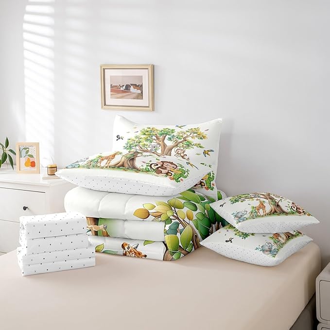 Erosebridal Zoo Animal 7 Piece Bedding Set Queen Size,Elephant Monkey Koala Bed in a Bag,Birds Trees Bed Set Includes Comforter, Sheet Set, Pillowcases & Pillow Covers All Season Bedroom Decor