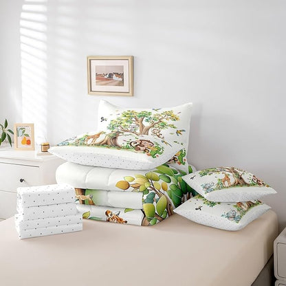 Erosebridal Zoo Animal 7 Piece Bedding Set Full Size,Elephant Monkey Koala Bed in a Bag,Birds Trees Bed Set Includes Comforter, Sheet Set, Pillowcases & Pillow Covers All Season Bedroom Decor
