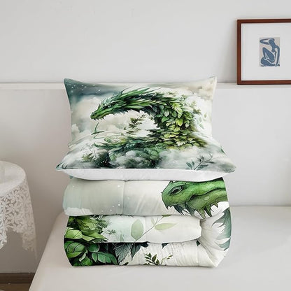 Manfei Dragon Leaves Comforter Set for Kids Adults,Mystery Dragon Wildlife Rustic Plants Bedding Comforter Sets Toddler,Dreamy 3D Cloud Sky Quilt Comforter with 1 Pillowcase