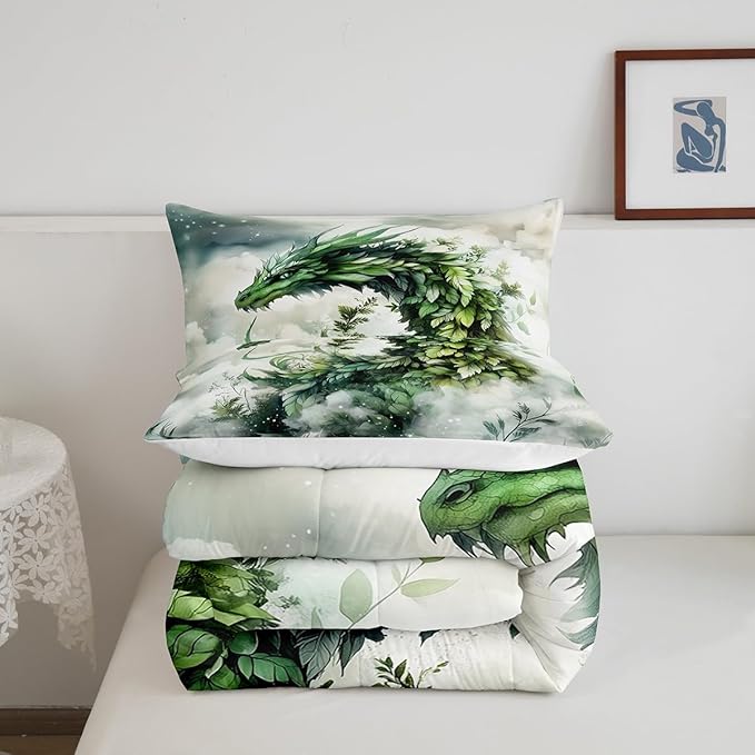 Manfei Dragon Leaves Comforter Set for Kids Adults,Mystery Dragon Wildlife Rustic Plants Bedding Comforter Sets King,Dreamy 3D Cloud Sky Quilt Comforter with 2 Pillowcases