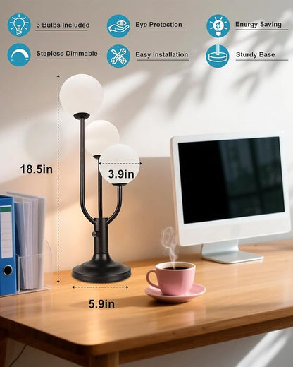 Modern Black Table Lamp for Bedroom, 3-Globe Dimmable Small Desk Lamp 3000K Warmwhite Nightstand Lamp Bedside Lamps for Living Room End Table(G9 Bulb Included)