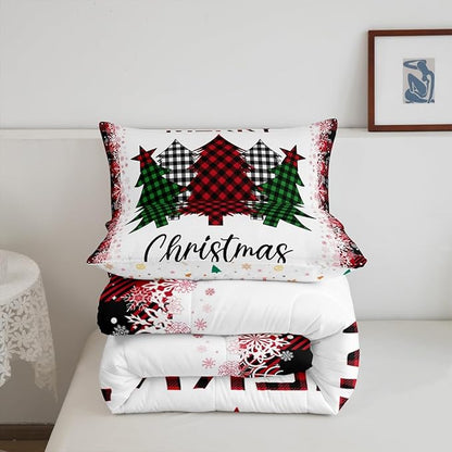 Christmas Plaid Tree Comforter Set Full Size,Red Green Black Grid Bedding Set for Kids Girls Teens Women Winter Room Decor,Fantasy Snowflake Quilt Vintage Chic Duvet Insert,2 Pillowcases