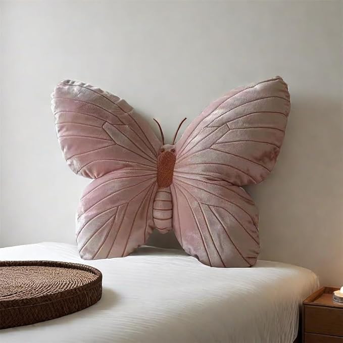 Butterfly Shaped Throw Pillow - Soft Stuffed Seat Cushion Pad, Pink Plush Velvet Decorative Animal Pillow for Couch, Living Room, Bed