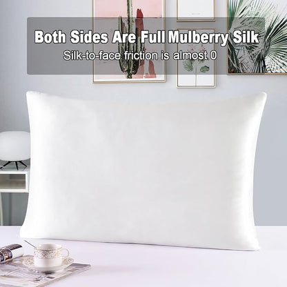 MAXFEEL 100% Pure Mulberry Silk Pillowcase with Zipper for Skin&Hair Care Both Sides Soft Breathable (White, Standard)
