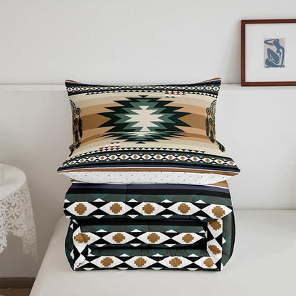 Feelyou Rustic Western Bedding Set Full Size Kids Brown Southwestern Aztec Comforter for Boys Girls Teens Western Horse Comforter Set Soft Microfiber Boho Geometric Room Decor
