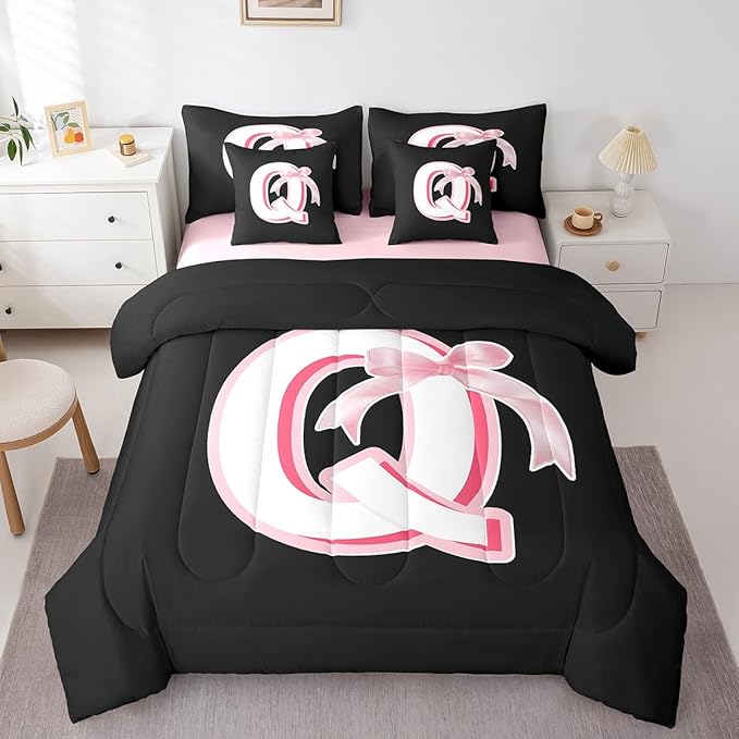 jejeloiu Kawaii Pink Bow Full Comforter Set with Sheets,Gifts for Women Teen Girl,Personalized Initial Letter 7 Piece Bedding Set,Soft Monogrammed Bed in a Bag with Comforter,Sheets,Pillowcases