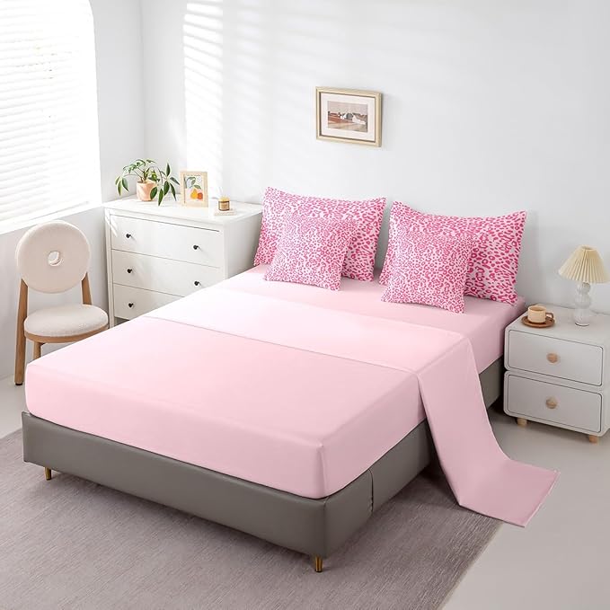 Feelyou Cute Leopard Bedding Set for All Season Cheetah 7 Pieces Comforter Sets Queen Size Teens Room Decor Pink Animal Print Bed in a Bag with Comforter, Sheets, Pillowcases & Cushion Cover