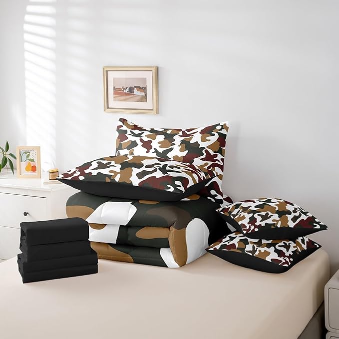 Erosebridal Hunter 7 Pcs Comforter Set Full Size Camo Duck Bedding for Kids Camouflage Farmhouse Camping Sheet Set Bed in A Bag Vintage Army Green Yellow Room Decor Wild Animal Rustic Bed Set