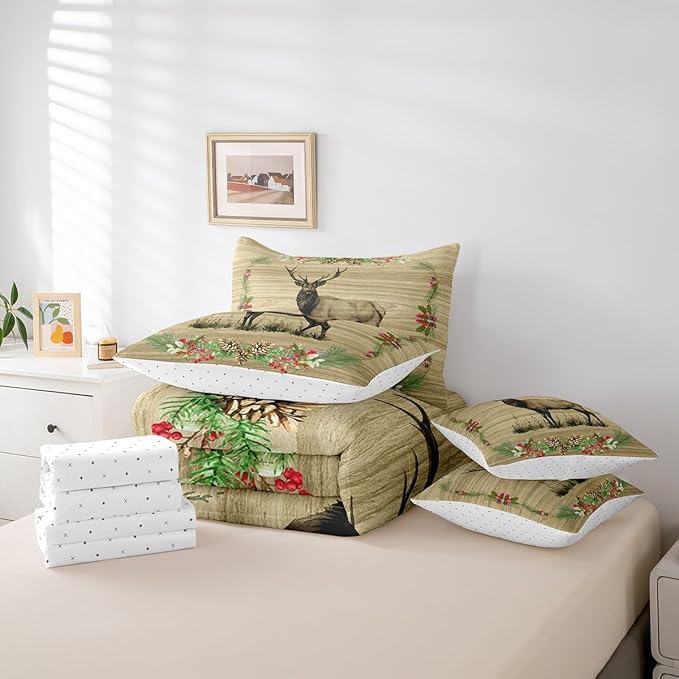 Reindeer Comforter Set 7 Piece Bed in a Bag Twin,Woodland Animals Bedding Sets Rustic Elk Deer Moose Sheet Set with Comforter