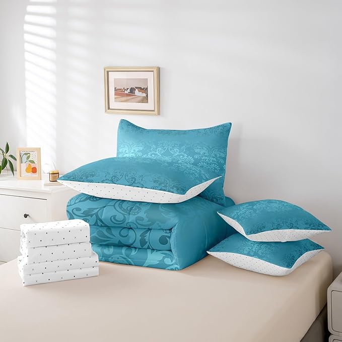 Erosebridal Gothic Damask Comforter Set 7 Piece Bed in a Bag Twin,Exotic Moth Bedding Sets Teal Victorian Floral Goth Sheet Set with Comforter
