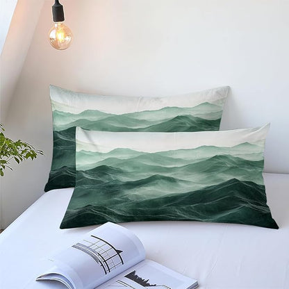 Emerald Green Comforter Set Queen Size Green Mountain Bedding Set for Kids Girls Boys 3 Pieces Nature Landscape Bedding Soft Lightweight Down Comforter with 2 Pillowcases
