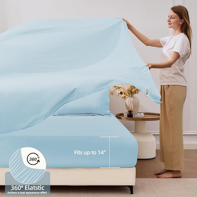 FUANNA 7 Pieces Queen Comforter Set, All Season Bed in a Bag Queen Size, Luxury Soft Bedding Sets with Comforter, Flat Sheet, Fitted Sheet, Pillowcases & Pillow Shams, Light Blue