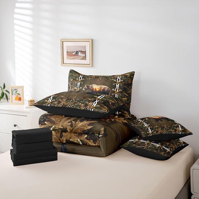 Cabin Bed in a Bag Queen Comforter Set 7 Piece | Botanical Leaves Bear Bedding Sets Mens Camouflage Comforter and Sheet Set, Woodland Animals Country Bed Sets,Hunting Rustic Farmhouse Decor