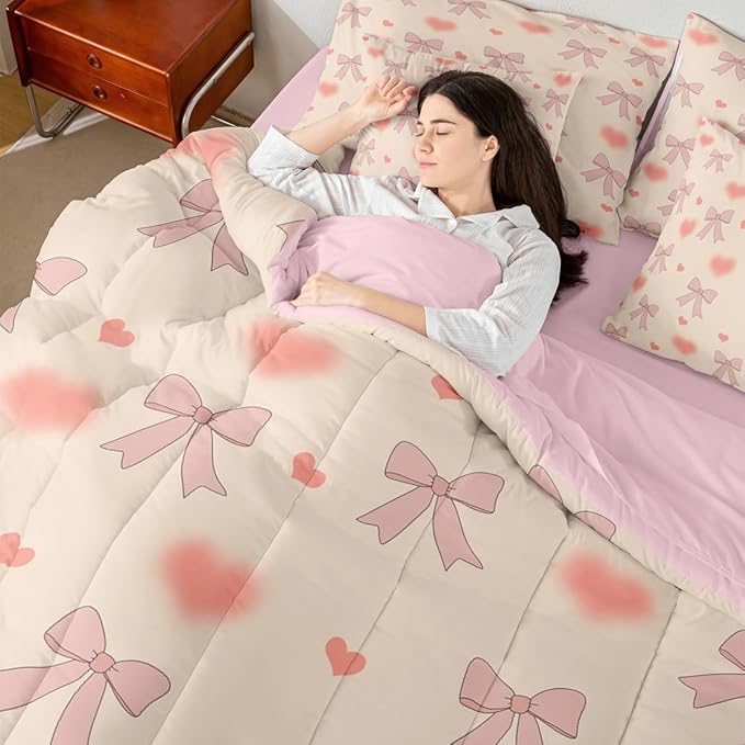 Erosebridal Bowknot Love Hearts Pink Girls King 7-Piece Comforter Set | Bow Kids Kawaii Sheets and Pillowcases Cute Ribbon Bed in A Bag Light Yellow Bed Sets