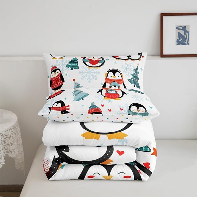 Castle Fairy Winter Snowflake Happy Xmas Theme Comforter Set with 2 Pillowcases,Christmas Tree Super Soft Microfiber Bedding Set for Adults Teens,Cartoon Penguin Duvet Set for Room Decor,King
