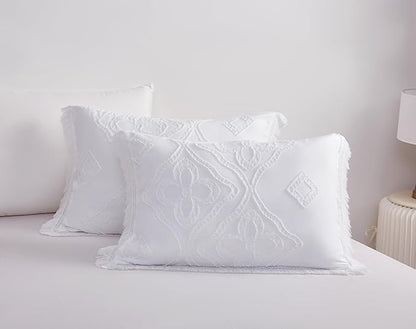 Boho King Size Comforter Set White 3 Pieces Tufted Tassel King Comforter Set Prime Lightweight Down Comforter King Size White Farmhouse Boho Bedding Shabby Chic Fluffy Comforter Bed Set Gift Choice
