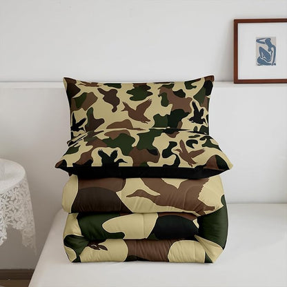 Erosebridal Farmhouse Comforter Set King Size Camo Bedding for Kids Army Camouflage Hunting Bedding Comforter Sets Vintage Brown Green Room Decor Wild Animal Duck Rustic Duvet Insert