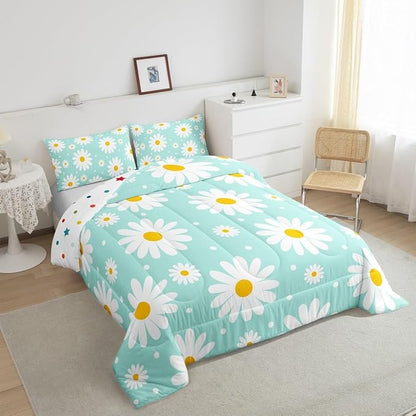 Erosebridal Teal Floral Comforter Set Cute Daisy Girly Bedding Set Garden Plants Cartoon Flowers Comforter Full Size for Kids Teen Adults,Modern Aesthetic Decor Bed Set 2 Pillow Cases