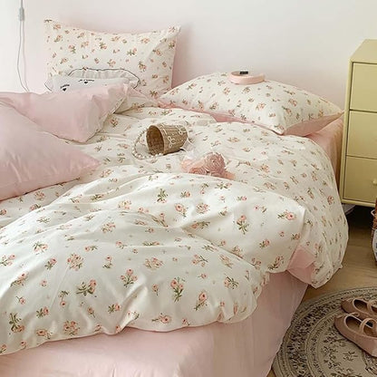 Nayoroom Pink Floral Comforter Set Queen Size Reversible Green Leaf Cottagecore Comforter Girls 3 Pcs Soft Lightweight Aesthetic Bedding Set for All Seasons (1 Comforter, 2 Pillowcases)