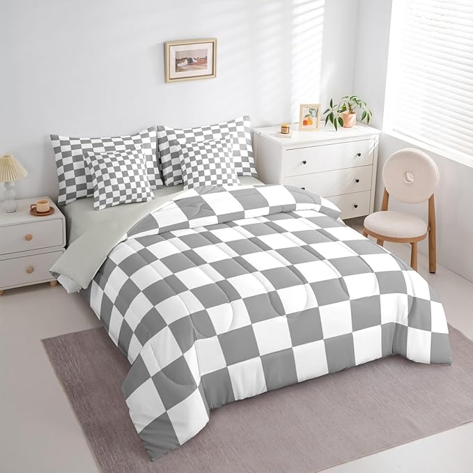 Checkered Retro Comforter Set King Size 7 Pieces Grey Plaid Bedding Set for Kids Boys Girls Geometric Vintage Bed in a Bag Modern Simple Groovy Aesthetic Bedroom Decor All Season Quilted Lightweight