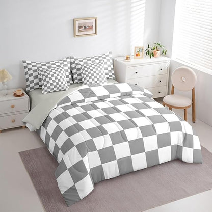 Checkered Retro Comforter Set Twin Size 7 Pieces Grey Plaid Bedding Set for Kids Boys Girls Geometric Vintage Bed in a Bag Modern Simple Groovy Aesthetic Bedroom Decor All Season Quilted Lightweight