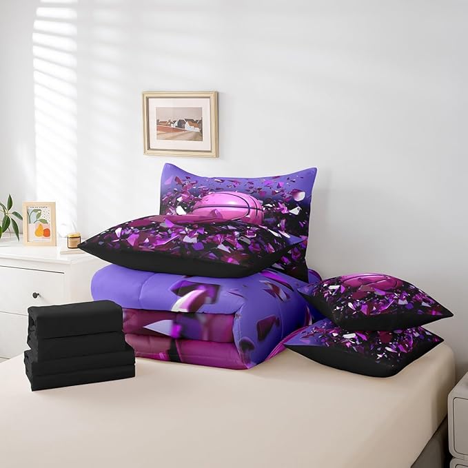 Feelyou Basketball Comforter Set King Size 7 Pcs Girls Boys Basketball Sports Comforter Bed in a Bag Sports Ball Game Bedding Set for Basketball Lover Bed Set with Sheets, Pillowcases, Pillow Covers