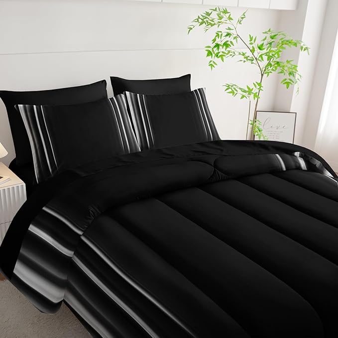White and Black Bedding Set Full Size Abstract Ombre Comforter Set Bedding Set 7 Piece in A Bag,Dark Quilt Set Mordern Art Decor All Seasons with Pillowcases,Flat, Fitted Sheet